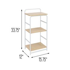 a white and wood shelf with two shelves on each side, measurements for the height