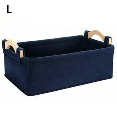 a blue storage bin with handles on the bottom and two wooden handles at the top