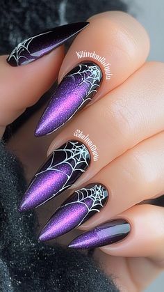 Embrace the spooky season with Purple Spider Web nails, combining elegance and creepiness in one chic design. Perfect for a hauntingly stylish Halloween! Click the pin and follow us for more bold nail ideas.  #PurpleSpiderWebNails #HalloweenNailArt #SpookyNails #NailInspiration #CreepyChic Purple Black French Nails, Stylish Halloween Nails, Halloween Nails Cat Eye Polish, Dark Purple Halloween Nail Designs, Halloween Nails Green Purple Orange Black, Sparkly Spooky Nails, Stiletto Nails Designs Halloween, Glamorous Halloween Nails, Web Nails Design