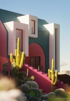 a house with cactus plants in front of it