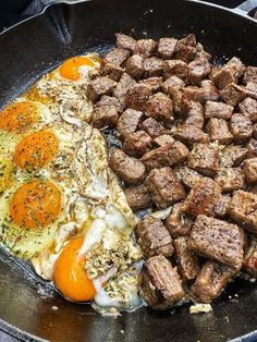 an egg, meat and eggs in a skillet