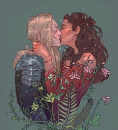 two women are kissing each other in front of some flowers and plants on a green background