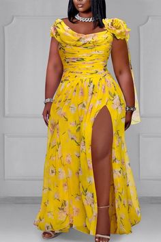 Plus Size Wedding Guest Yellow Ditsy Floral Boat Neck Split 3D Chiffon Maxi Dresses [Pre-Order] Wedding Guest Outfit For Plus Size Women, Yellow Dress Outfit Wedding, Summer Dress For Wedding Guest, Yellow Plus Size Dresses, Beach Outfits Women Plus Size, Chiffon Maxi Dresses, Boat Neck Pattern, Lace Dress Classy, Dresses For Apple Shape