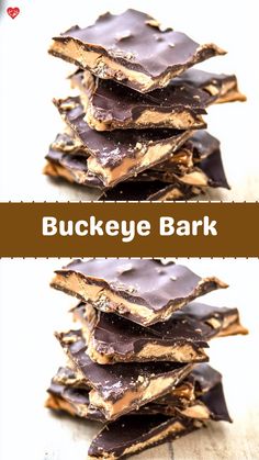 a stack of chocolate bark with the words buckeye bark on top and below it