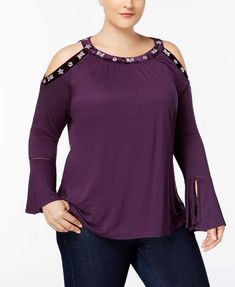 Ornate details like velvet trim and rhinestone studs enhance the look of this plus size bell-sleeve top from INC International Concepts. Cutout shoulders and openwork trim add an alluring finishing touch.
&lt;ul&gt;
 	&lt;li&gt;Scoop neckline; button closure at back keyhole&lt;/li&gt;
 	&lt;li&gt;Approx. model measurements: height: 5'10&quot;; bust: 38&quot;; waist: 34&quot;; hips: 45&quot;&lt;/li&gt;
 	&lt;li&gt;Cutout shoulders; v Plus Size Velvet, Cold Shoulder Blouse, Trim Top, Velvet Trim, Blouse Tops, Rhinestone Studs, Floral Print Tops, Cold Shoulder Top, Matching Family Outfits