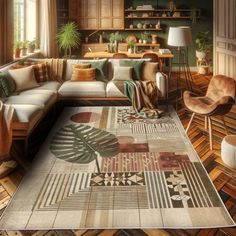 a living room filled with lots of furniture and decor on top of a wooden floor