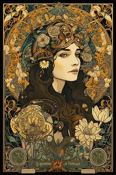 a woman with long hair and flowers on her head is depicted in this art nouveau poster