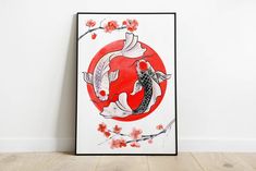 a painting on the wall with a koi fish in it