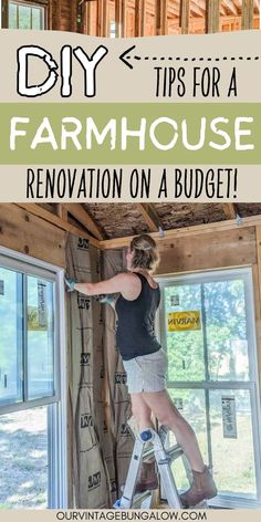 woman installs insulation in 1900s farmhouse during remodel and restoration process text reads - diy tips for a farmhouse renovation on a budget Farmhouse Renovation On A Budget, Farmhouse Home Renovation, Old Farmhouse Renovation, Home Renovation On A Budget, Authentic Farmhouse, Farmhouse Interior Design, Wood Floors Wide Plank, Farmhouse Remodel