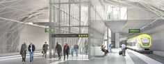 an artist's rendering of a subway station with people walking through the walkways