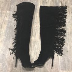 Brand New Women’s High Black Suede Fringe Boot Size 7.5 With Tags Brand New Never Been Worn Retail Price 89.99 Fitted Black Heels For Fall, Black Heels For Winter Night Out, Black Suede Heels For Fall, Chic Black Boots With Fringe, Chic Fringe Boots For Party, Chic Fringe Boots For Winter, Elegant Fringe Boots For Party, Elegant Fringe Party Boots, Edgy Black Suede Heels