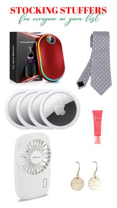 an assortment of items that include a tie, necktie and earring clips with the words stocking stuff for everyone on your list