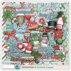 a snowman digital scrapbook page with lots of holiday items and decorations on it