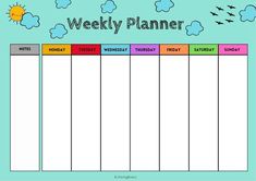 a printable weekly planner with birds flying in the sky and clouds above it, on a blue background