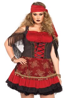 a woman wearing a red and black costume