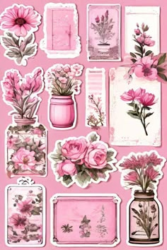 pink stickers with flowers in jars and frames on a pink background for scrapbooking