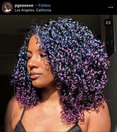 Dyed Curly Hair Ideas Colour Purple, Natural Purple Hair, Purple Highlights Black Hair Curly Hair, Curly Dyed Hair Purple, Blackish Blue Hair, Dark Purple Curly Hair