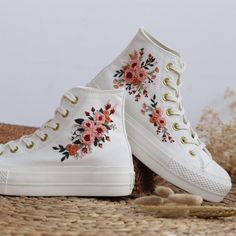 "White Platform Converse High Top embroidered with pink roses for weddings is inspired by the gorgeous bridal bouquet. With many years of experience embroidering wedding shoes for the bride, this time I was really happy to receive a personalized canvas sneaker embroidery design for a very special guest. They sent me their wedding photos and sweet bouquets. I love them and also love this custom embroidery. If you are also in need of a pair of Converse Wedding Shoes or a pair of Vans Shoes for the Goth Grandma, Bride Sneakers, Bridal Sneakers, Tie Sneakers, Converse Custom, Designed Shoes