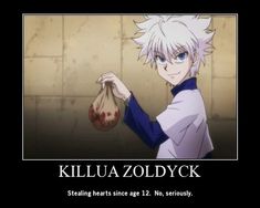 an anime character holding a bag with the caption killua zoddyck stealing hearts since 12 - no seriously