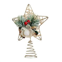 an ornament with a star and christmas decorations hanging from it's side