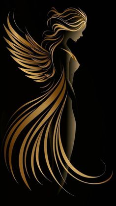 a woman with long hair and gold lines on her body, in the shape of an angel