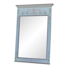 a mirror that is sitting on top of a white wall with blue trimmings