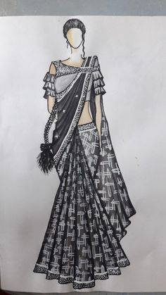 a drawing of a woman's dress with black and white designs on the skirt