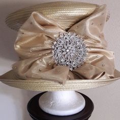 Excellent Condition. Like New Only Worn Once. Gold With Organza Bow, Rhinestone Band And Broach. Brim Can Be Worn Up Or Down. Simply Gorgeous Ny Yankees Hat, Dior Bucket Hat, Ladies Dress Hats, Chanel Hat, Fisherman's Hat, Aviator Hat, Louis Vuitton Fashion, Straw Cowboy Hat, Ear Hats