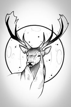 a black and white drawing of a deer's head with an oval background behind it