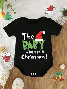 Baby Boy Christmas Outfit, Cute Cartoon Hat & Letter Print Newborn Romper, Long Sleeve Bodysuit Black   Short Sleeve Knitted Fabric Letter,Holiday,Slogan Tee Slight Stretch  Baby Boys Clothing, size features are:Bust: ,Length: ,Sleeve Length: Boy Christmas Outfit, Elegant Tank Tops, Romper Long Sleeve, Christmas Romper, Outfit Cute