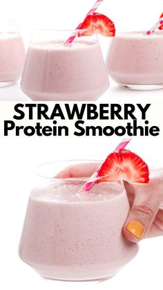 strawberry protein smoothie in a glass with strawberries on top and the recipe below