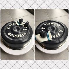 there is a cake that has been made to look like a barbell on it