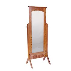 a wooden stand with a mirror on it