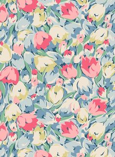 an image of a flower pattern with many flowers on it's side, including pink and blue