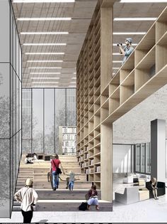 an artist's rendering of the interior of a library with people sitting and standing