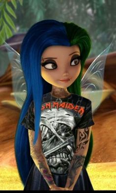 a cartoon girl with blue hair and tattoos on her face, wearing a skull shirt