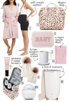 a woman's gift guide for the new mom in her life, including baby items and