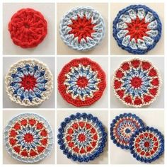 crocheted coasters with red, white and blue colors are arranged in rows