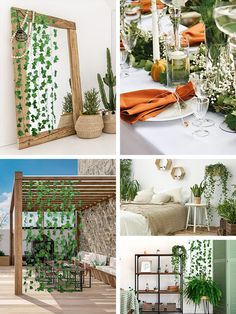 four different pictures with plants on the wall, and in front of a mirror that is decorated with greenery