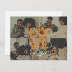 the love live photo collage is shown on top of a white card with orange lettering