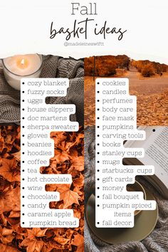 the fall basket ideas list is shown with an open book and some autumn leaves on it