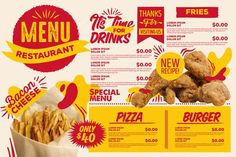 a menu for a fast food restaurant with fried chicken and french fries on the side