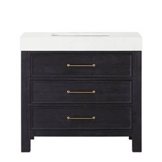 a black and white bathroom vanity with two drawers on the bottom, one drawer has gold handles