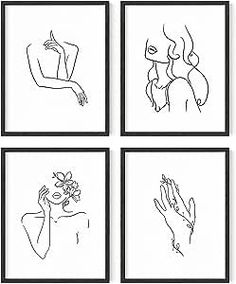 four black and white drawings of woman's hands with flowers in their hair, one holding