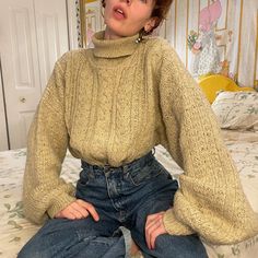 Vintage 90s wool acrylic blend XL Cable knit turtleneck fishermans sweater! this is from the brand etchings and features a cable knit design and turtleneck! this is made of a 85% acrylic, 15% wool and 5% nylon blend! This would fit both men and women, but my boyfriend found the neck hole a little too tight! Pair with your favourite 80s high waisted blue mom jeans and hiking boots for a 90s camping look! Measurements in Inches:  Length: 28 Chest: 54 BUYING MULTIPLE ITEMS: please contact me if you plan to buy multiple listings, you will only have to pay the shipping on one listing!!   Tags: 100% wool, tan, turtleneck, knitted sweater, hand knit, hand made, tan cable knit sweater, long sleeve, tan brown sweater, womens XL, vintage Xl sweater, women's extra large, and fishermans sweater, nordi 90s Sweater Outfits, Fishermans Sweater, Cable Knit Turtleneck, Jean Mom, Blue Mom Jeans, Nordic Sweater, 90s Sweater, Vintage Pullovers, Fisherman Sweater