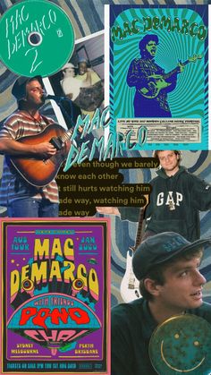 collage of various posters and music related to the band mac demarago, including an image of a man holding a frisbee