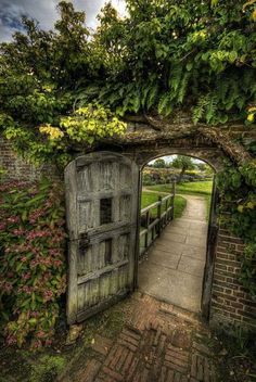 an old wooden door in the middle of a garden