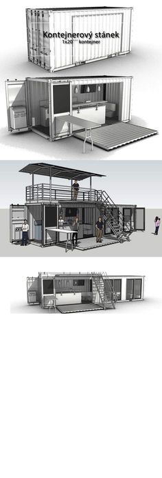 three different types of shipping containers stacked on top of each other, with the doors open