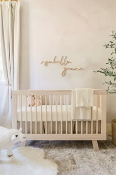 Nursery Room Simple, Off Center Crib Nursery, Neutral Tones Nursery, Light Neutral Nursery, Modern Nursery Accent Wall, Nursery Ideas Baby Girl, Baby Girl Nursery Inspiration, Nursery Inspo Girl, Limewash Nursery