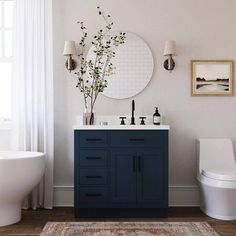 a white toilet sitting next to a blue cabinet in a bathroom on top of a wooden floor